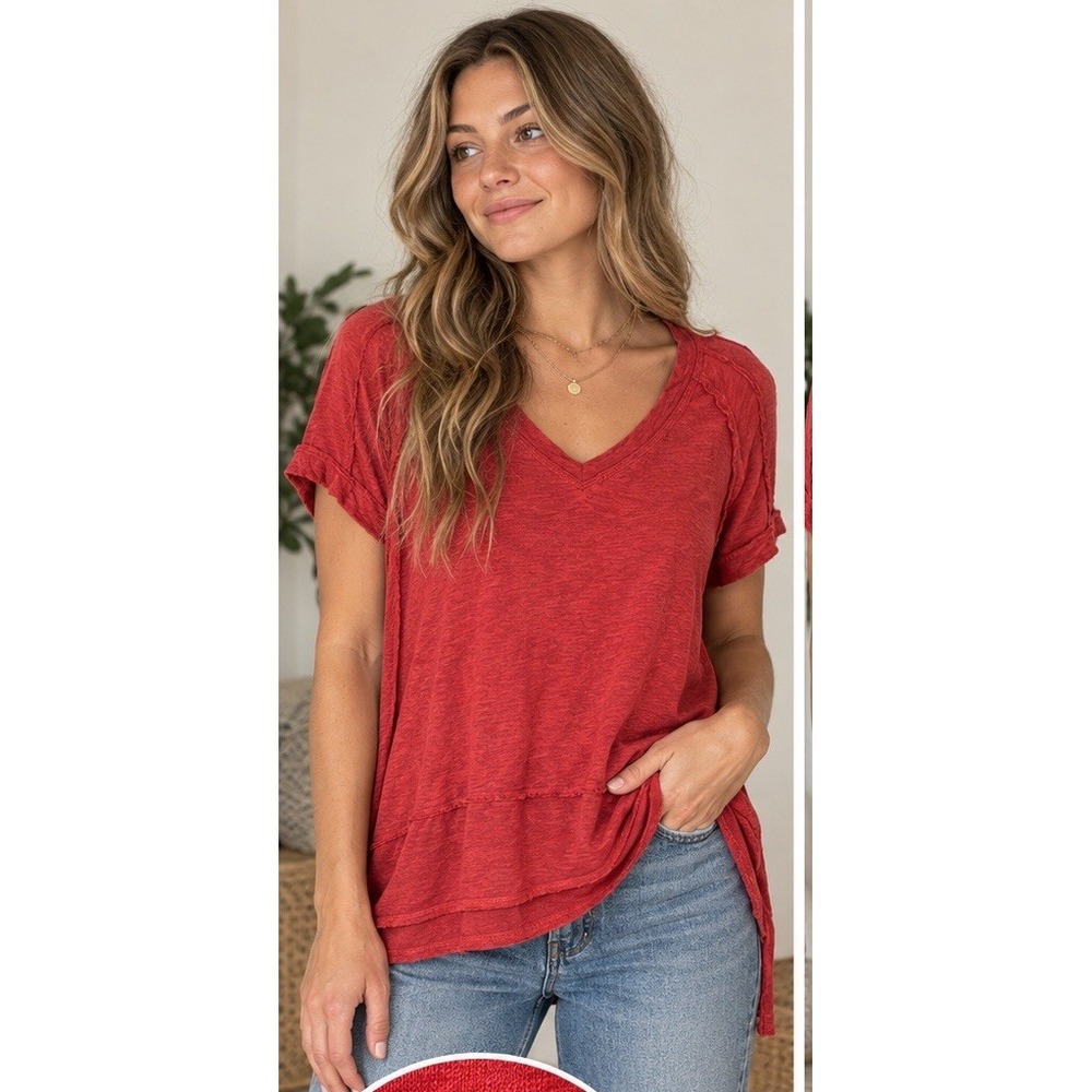 Free People We The Free Orange Red V Neck Top M Oversized Raw Seam Tunic Shirt